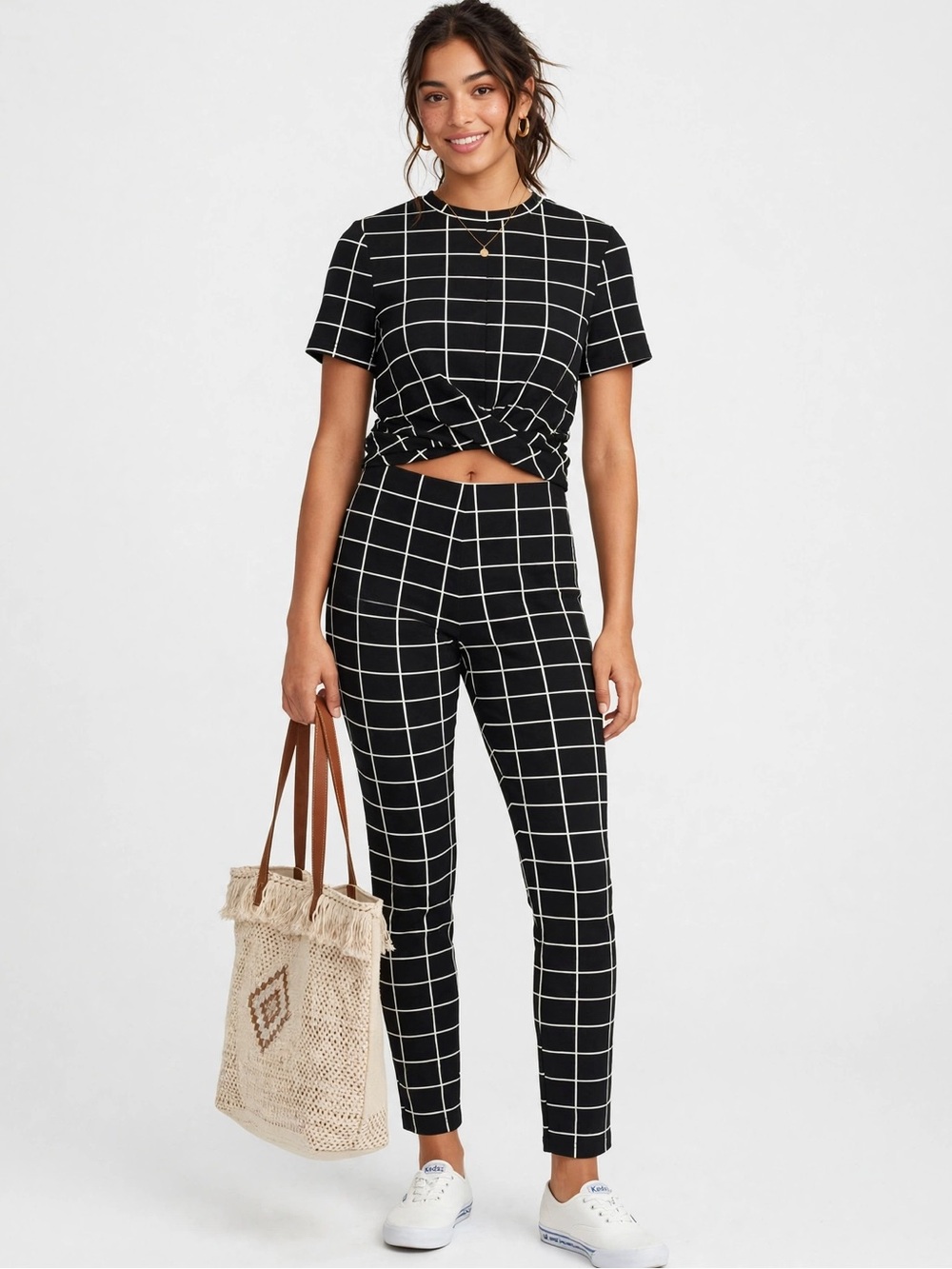 SHEIN 2 Piece Set M 6 Black White Windowpane Grid Twist Crop Top Tapered Pants